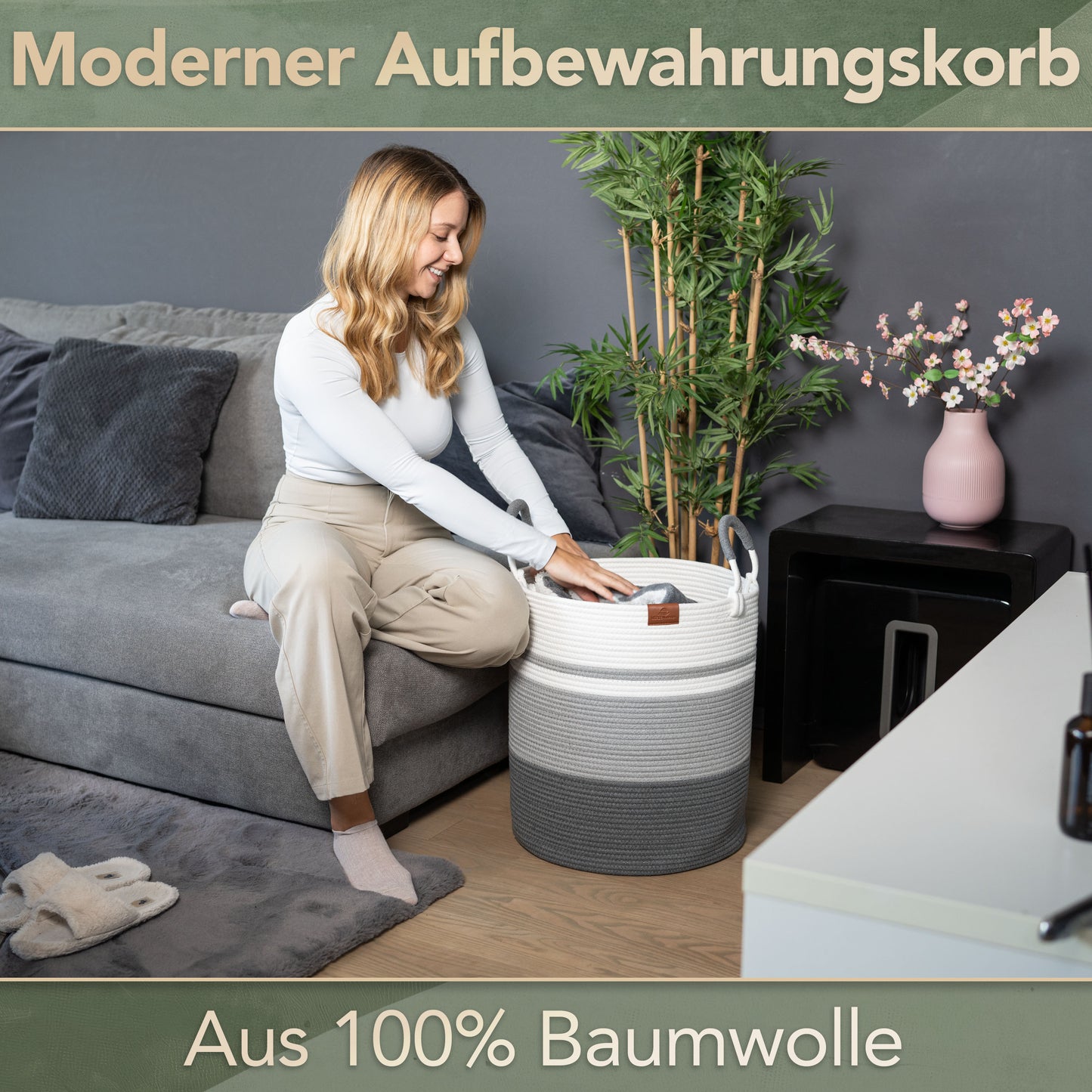 Wäschekorb EMILIA Ø41xH46 cm Grau/Weiß/61L aus 100% Baumwolle - Handgemacht und Pflegeleicht