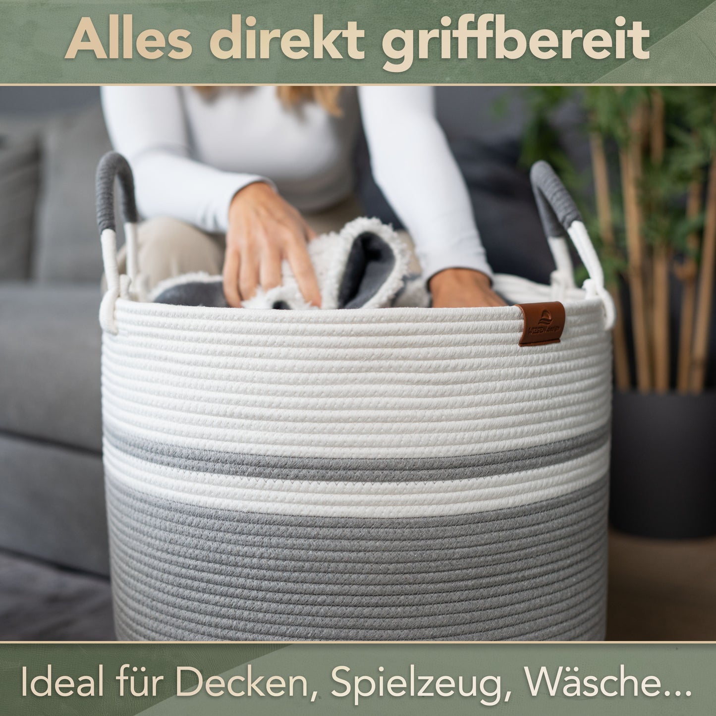 Wäschekorb EMILIA Ø46xH48 cm Grau/Weiß/80L aus 100% Baumwolle - Handgemacht und Pflegeleicht