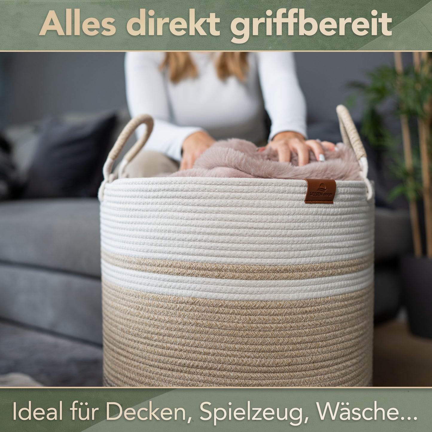 Wäschekorb EMILIA Ø46xH48 cm Braun/Weiß/80L aus 100% Baumwolle - Handgemacht und Pflegeleicht