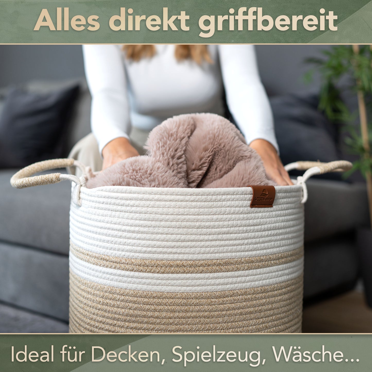 Wäschekorb EMILIA Ø41xH46 cm Braun/Weiß/61L aus 100% Baumwolle - Handgemacht und Pflegeleicht