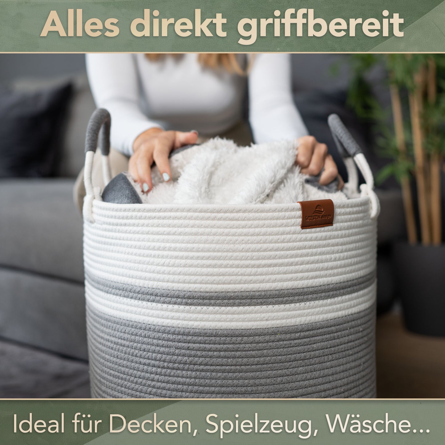 Wäschekorb EMILIA Ø41xH46 cm Grau/Weiß/61L aus 100% Baumwolle - Handgemacht und Pflegeleicht