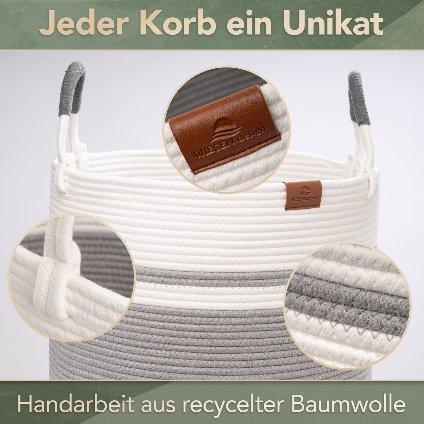Wäschekorb EMILIA Ø46xH48 cm Grau/Weiß/80L aus 100% Baumwolle - Handgemacht und Pflegeleicht