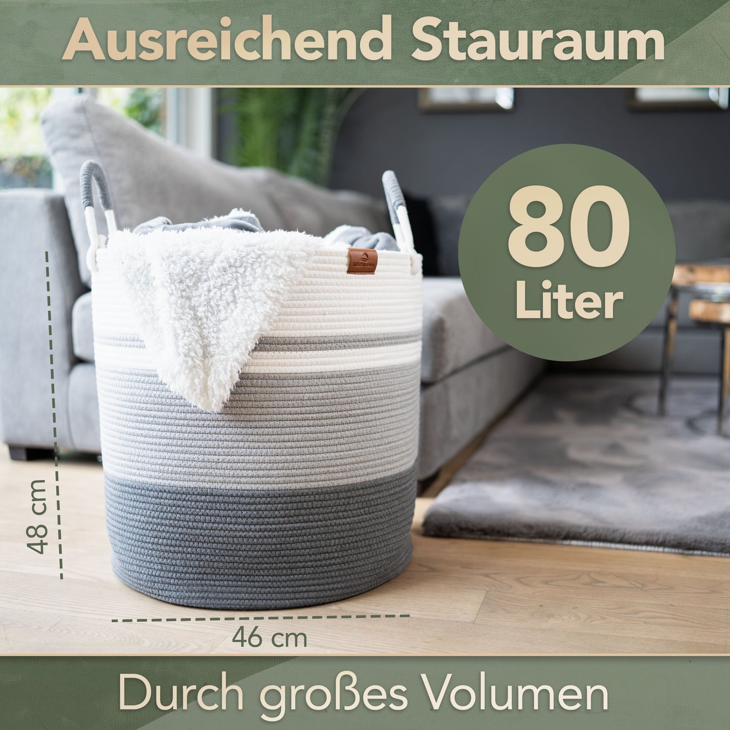 Wäschekorb EMILIA Ø46xH48 cm Grau/Weiß/80L aus 100% Baumwolle - Handgemacht und Pflegeleicht