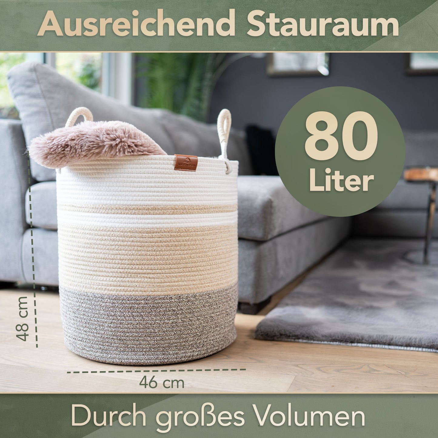 Wäschekorb EMILIA Ø46xH48 cm Braun/Weiß/80L aus 100% Baumwolle - Handgemacht und Pflegeleicht