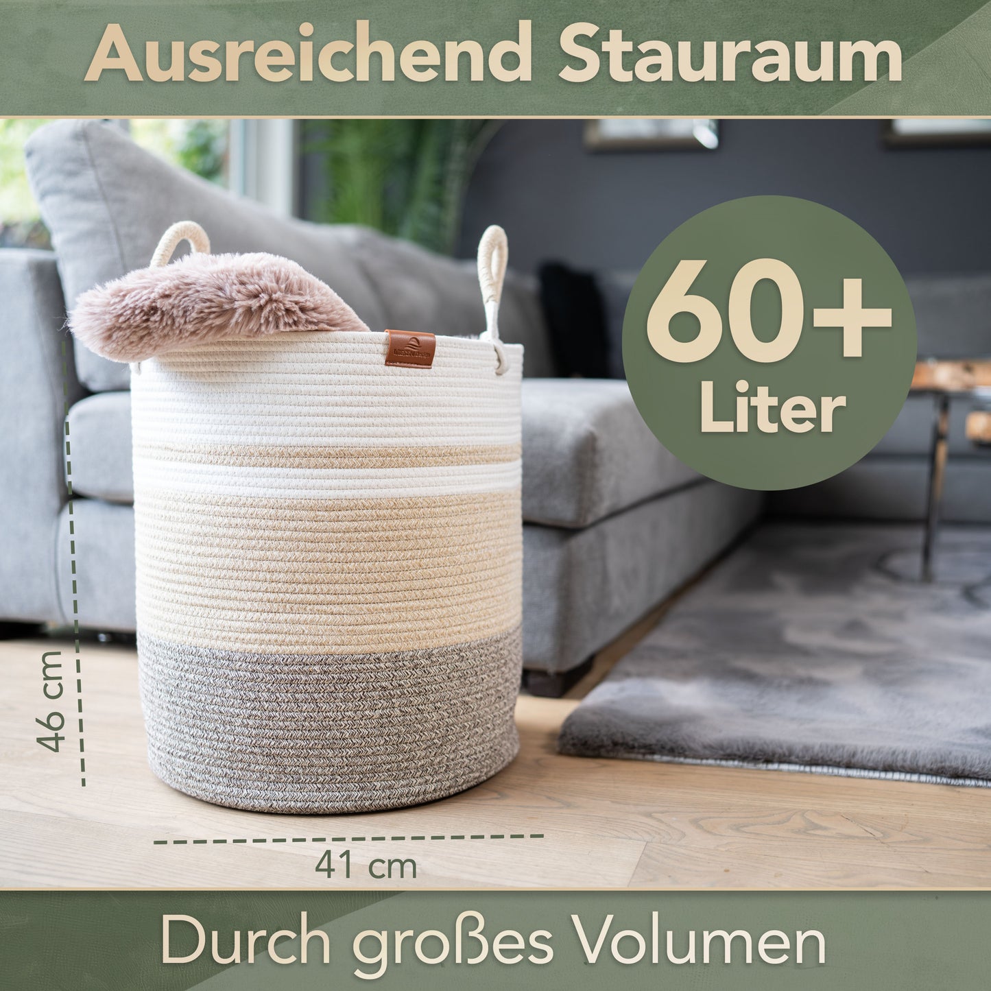 Wäschekorb EMILIA Ø41xH46 cm Braun/Weiß/61L aus 100% Baumwolle - Handgemacht und Pflegeleicht