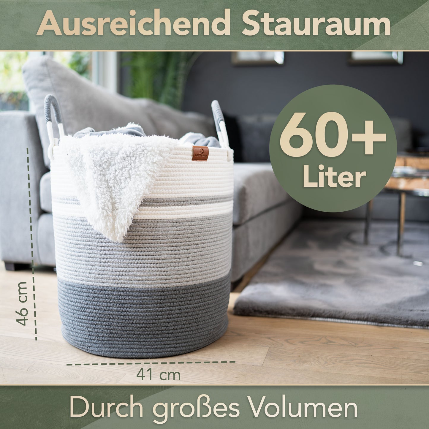 Wäschekorb EMILIA Ø41xH46 cm Grau/Weiß/61L aus 100% Baumwolle - Handgemacht und Pflegeleicht