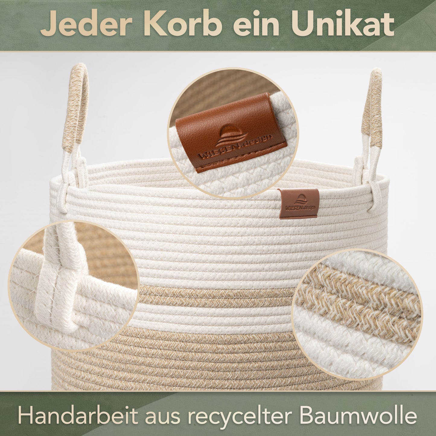 Wäschekorb EMILIA Ø41xH46 cm Braun/Weiß/61L aus 100% Baumwolle - Handgemacht und Pflegeleicht
