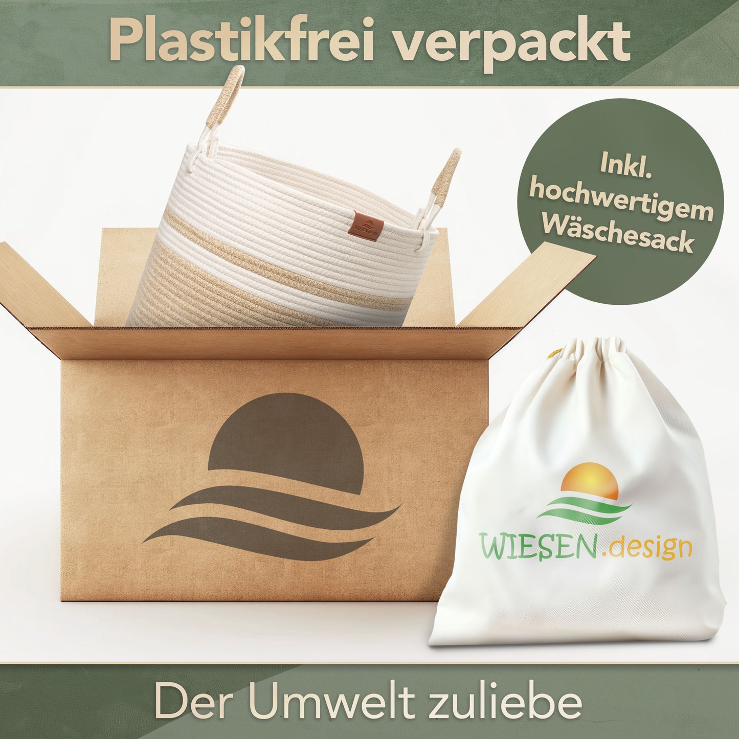 Wäschekorb EMILIA Ø41xH46 cm Braun/Weiß/61L aus 100% Baumwolle - Handgemacht und Pflegeleicht
