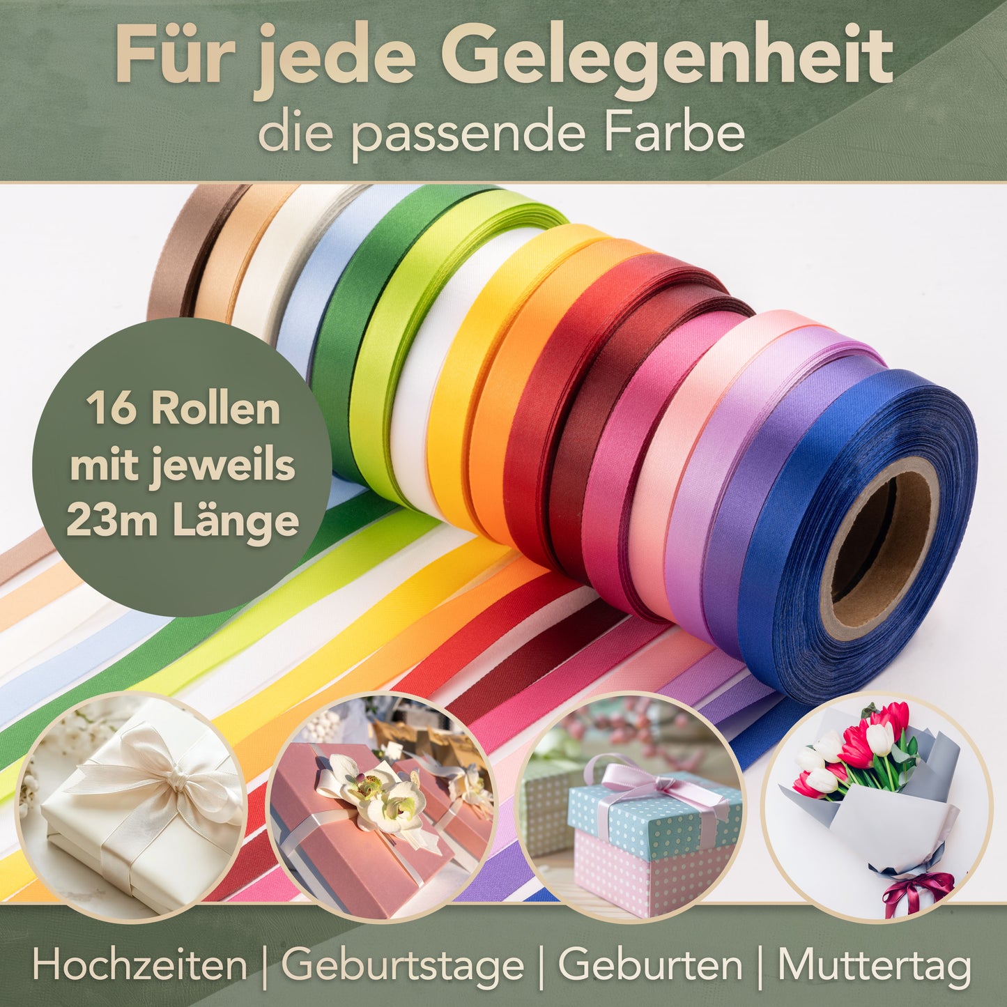 Geschenkband Set, 16x Satinband inkl. Abroller (23 m x 10 mm per Rolle)