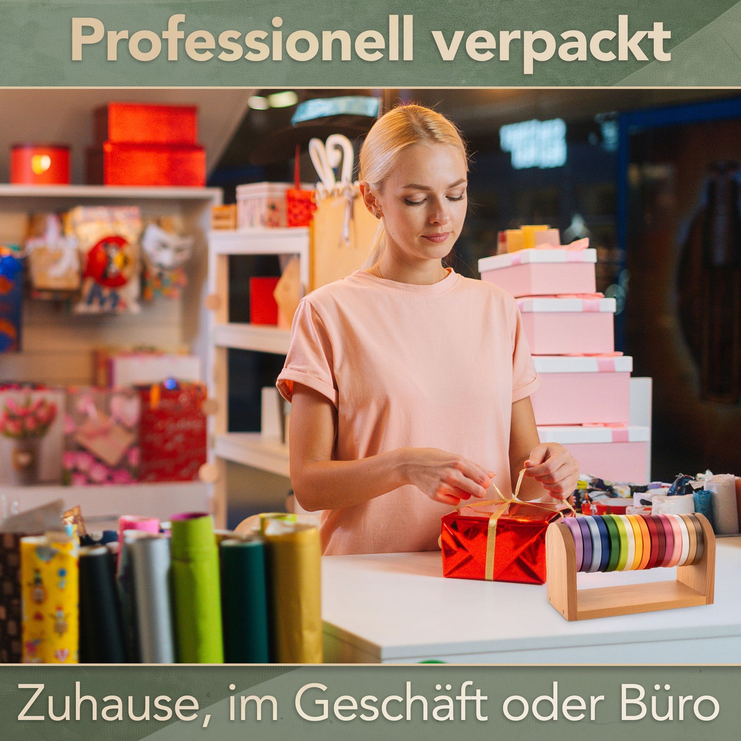 Geschenkband Abroller aus heimischen Buchenholz inklusive Schraubenzieher