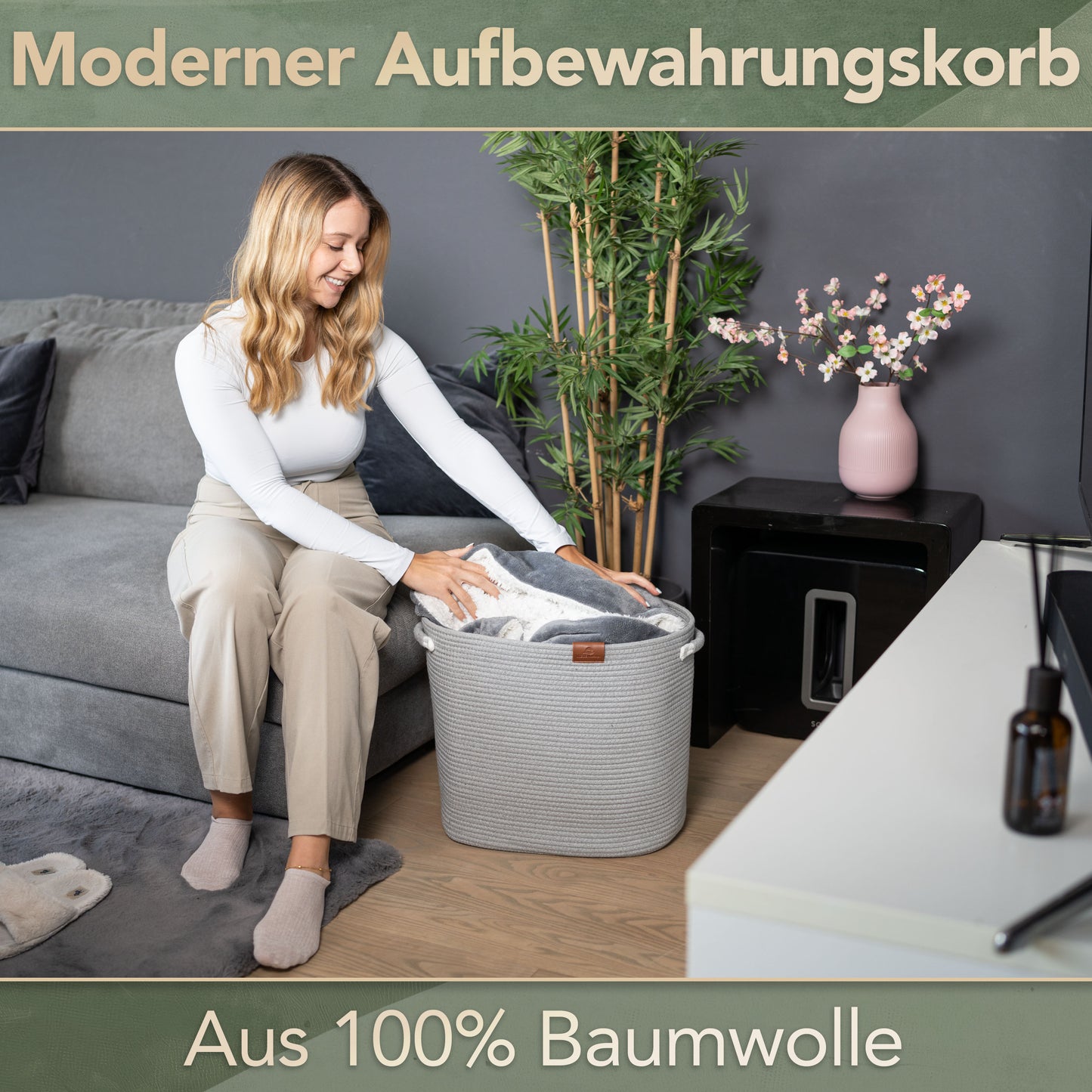 Wäschekorb Matteo Grau 48L aus 100% Baumwolle - Handgemacht und Pflegeleicht