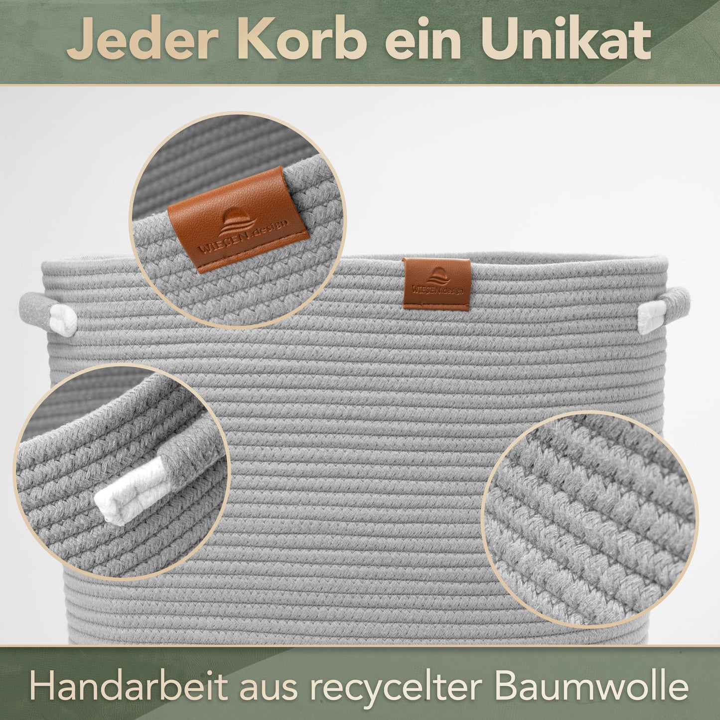 Wäschekorb Matteo Grau 48L aus 100% Baumwolle - Handgemacht und Pflegeleicht