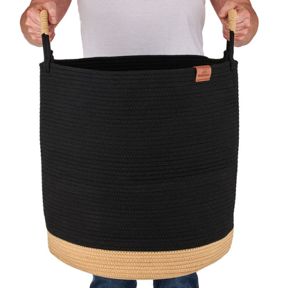 Wäschekorb JUNA Ø46xH48 cm Schwarz/80L aus 100% Baumwolle - Handgemacht und Pflegeleicht