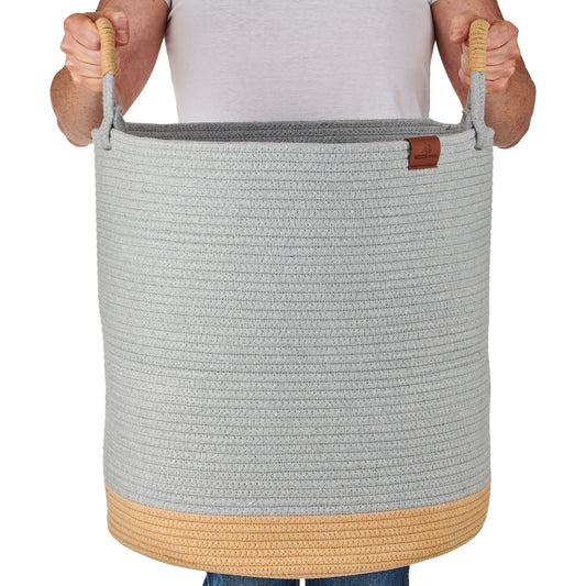 Cesto portabiancheria JUNA Ø46xH48 cm Grigio/80L in 100% cotone - Fatto a mano e facile da pulire