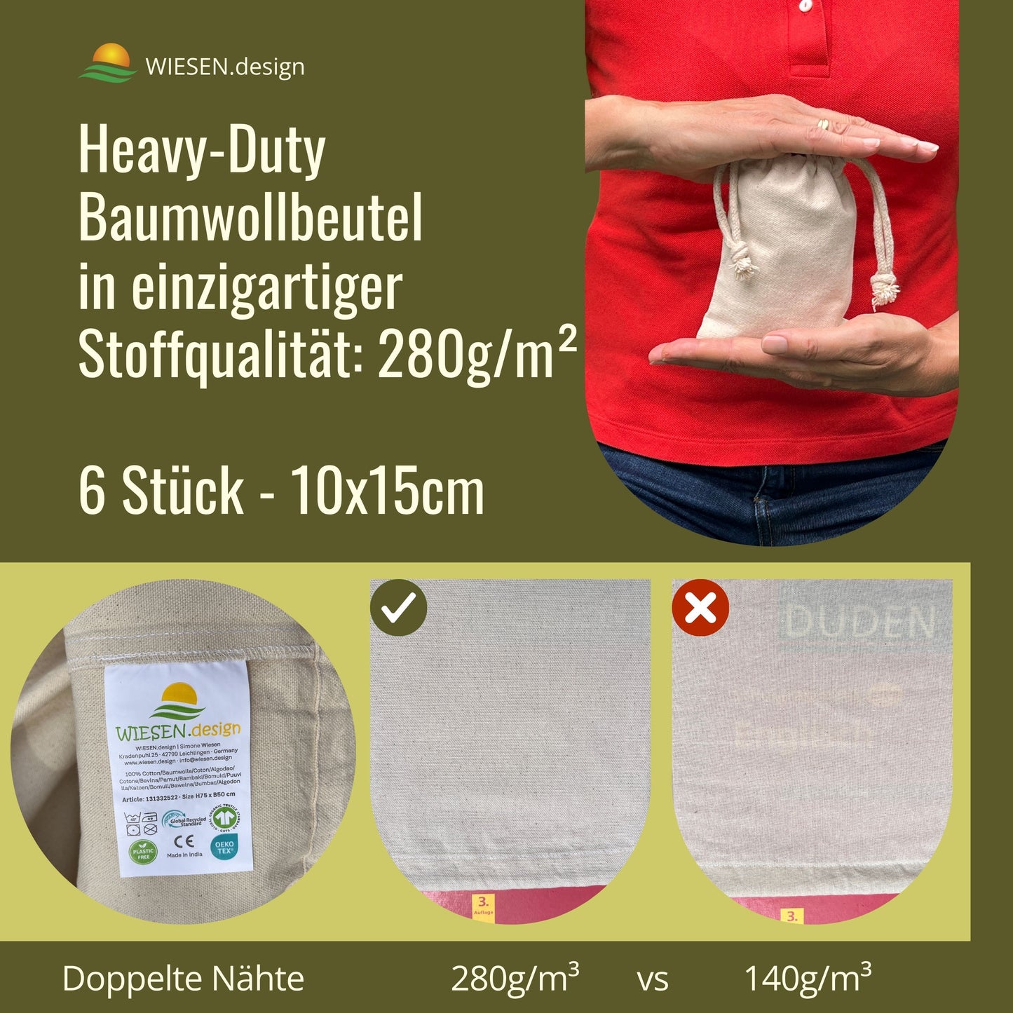Baumwollsäckchen - 280 g/m² OEKO-TEX® zertifizierte Heavy-Duty Baumwolle, 10x15 cm - 6 St. Säckchen, Säckchen zum befüllen, Stoffbeutel klein