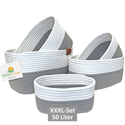 XXXL Korb Set MIRA (5 Körbe - gesamt 50L) Grau/Weiß aus 100% Baumwolle - Handgemacht und Pflegeleicht