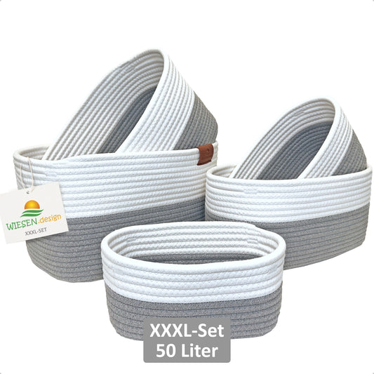 XXXL Korb Set MIRA (5 Körbe - gesamt 50L) Grau/Weiß aus 100% Baumwolle - Handgemacht und Pflegeleicht