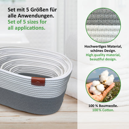 XXXL Korb Set MIRA (5 Körbe - gesamt 50L) Grau/Weiß aus 100% Baumwolle - Handgemacht und Pflegeleicht