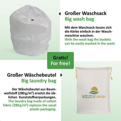 Wäschekorb BEN Ø41xH46 cm Hellgrau/Weiß/61L aus 100% Baumwolle - Handgemacht und Pflegeleicht