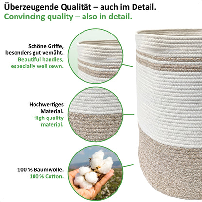 Wäschekorb BEN Ø41xH46 cm Hellbraun/Weiß/61L aus 100% Baumwolle - Handgemacht und Pflegeleicht