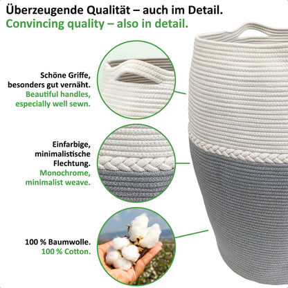 Wäschekorb JAMILA Ø39/49xH65 cm Grau/Weiß/105L aus 100% Baumwolle - Handgemacht und Pflegeleicht