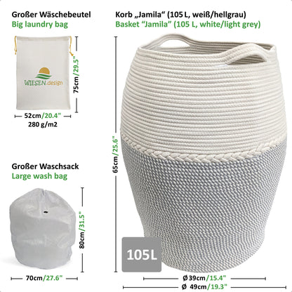 Wäschekorb JAMILA Ø39/49xH65 cm Hellgrau/Weiß/105L aus 100% Baumwolle - Handgemacht und Pflegeleicht