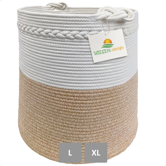 Wäschekorb KNUT Ø46xH48 cm Hellbraun/Weiß/80L aus 100% Baumwolle - Handgemacht und Pflegeleicht