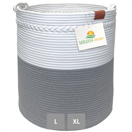 Wäschekorb KNUT Ø41xH46 cm Grau/Weiß/61L aus 100% Baumwolle - Handgemacht und Pflegeleicht