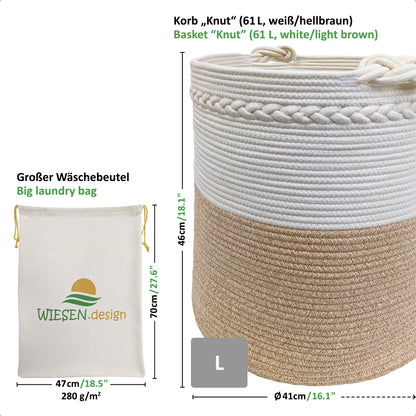 Wäschekorb KNUT Ø41xH46 cm Hellbraun/Weiß/61L aus 100% Baumwolle - Handgemacht und Pflegeleicht