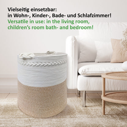 Wäschekorb KNUT Ø46xH48 cm Hellbraun/Weiß/80L aus 100% Baumwolle - Handgemacht und Pflegeleicht