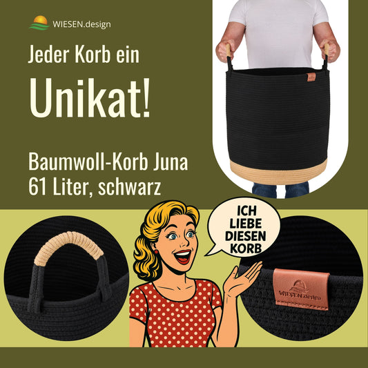 Cesto portabiancheria JUNA Ø41xH46 cm Nero/61L in 100% cotone - Fatto a mano e facile da pulire