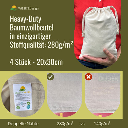 Stoffbeutel - 280 g/m² OEKO-TEX® zertifizierte Heavy-Duty Baumwolle, 20x30 cm - 4 St. Kleine Stoffsäckchen, Gift bags, Rohlinge zum beplotten