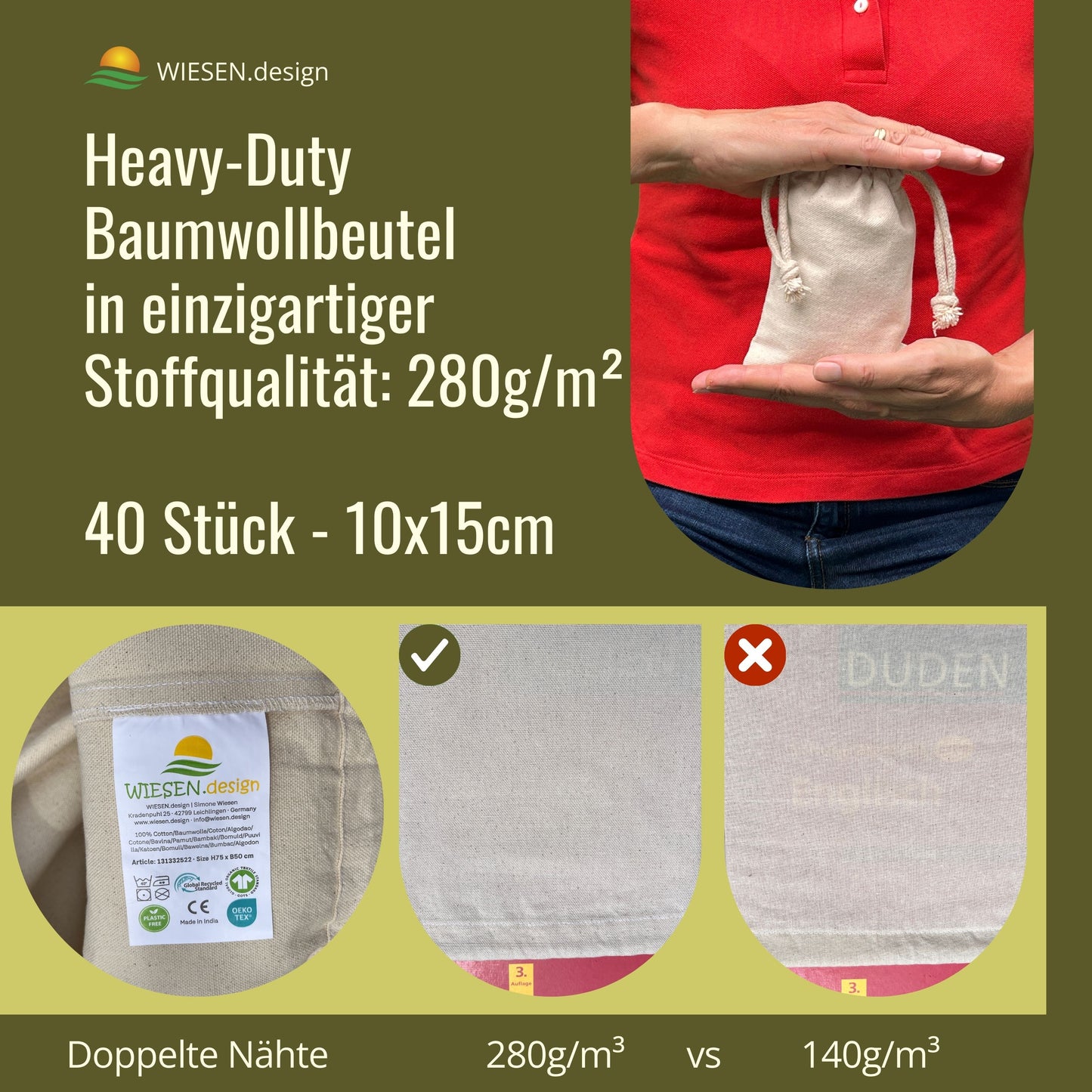 Stoffsäckchen - 280 g/m² OEKO-TEX® zertifizierte Heavy-Duty Baumwolle, 10x15 cm - 40 St. Kleine Säckchen, Beutel zum Bemalen, kleine Stoffbeutel