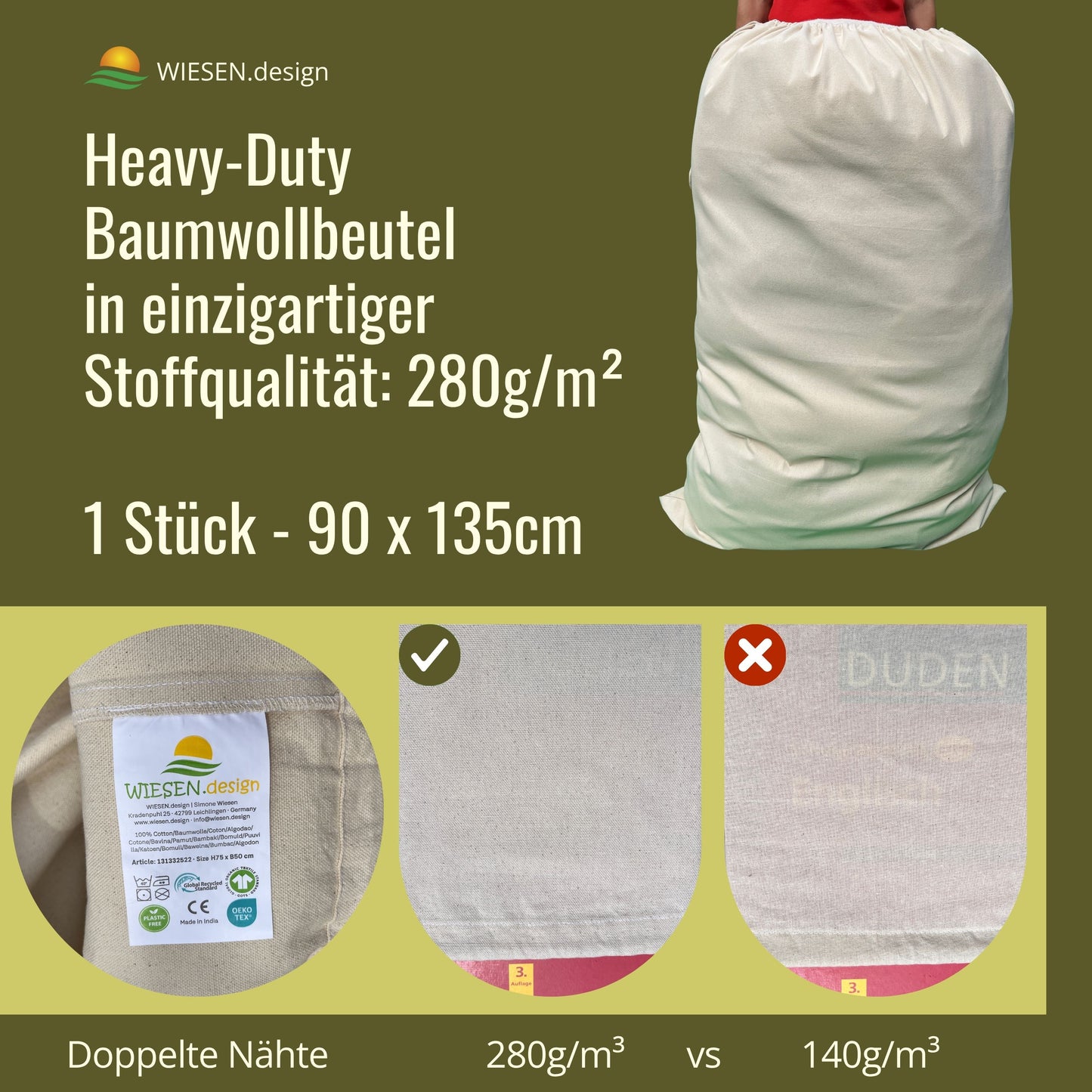 Aufbewahrungssack - 280 g/m² OEKO-TEX® zertifizierte Heavy-Duty Baumwolle, 90x135 cm - 1 St. Wäsche Sack, Säcke für Nüsse, Wäschesack XXL