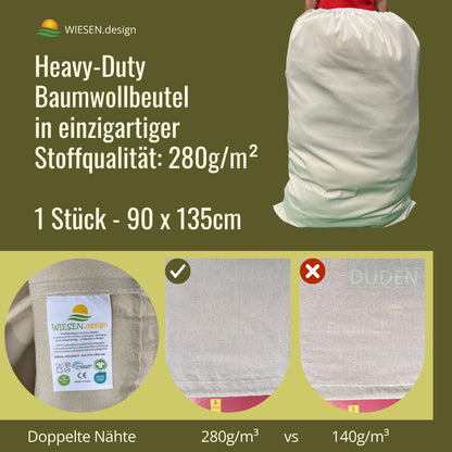 Aufbewahrungssack - 280 g/m² OEKO-TEX® zertifizierte Heavy-Duty Baumwolle, 90x135 cm - 1 St. Wäsche Sack, Säcke für Nüsse, Wäschesack XXL