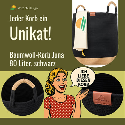 Wäschekorb JUNA Ø46xH48 cm Schwarz/80L aus 100% Baumwolle - Handgemacht und Pflegeleicht