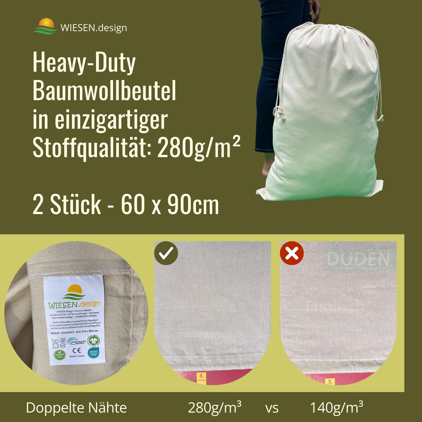 Obstsack - 280 g/m² OEKO-TEX® zertifizierte Heavy-Duty Baumwolle, 60x90 cm - 2 St. Geschenksackerl, Zwiebelsack, Drawstring bag
