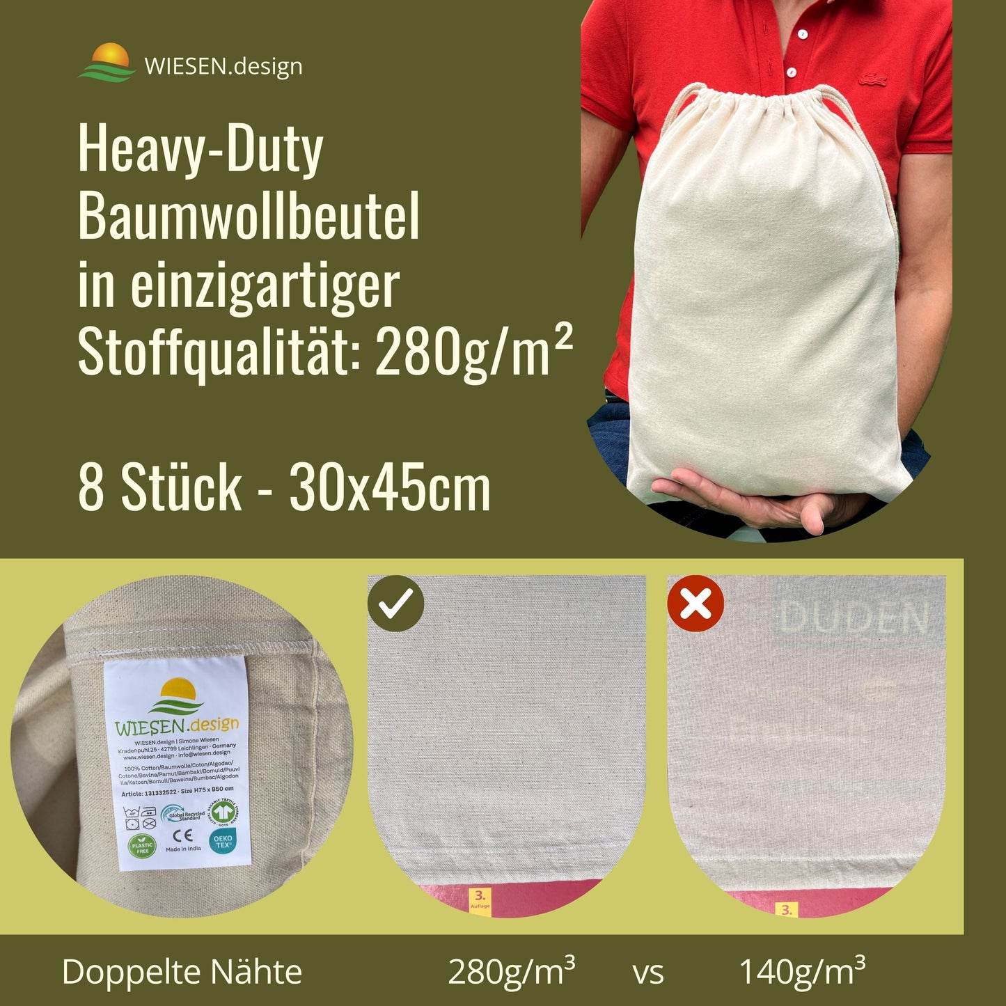 Schuhbeutel - 280 g/m² OEKO-TEX® zertifizierte Heavy-Duty Baumwolle, 30x45 cm - 8 St. Schuhbeutel Reise, Baumwollsäckchen zum befüllen