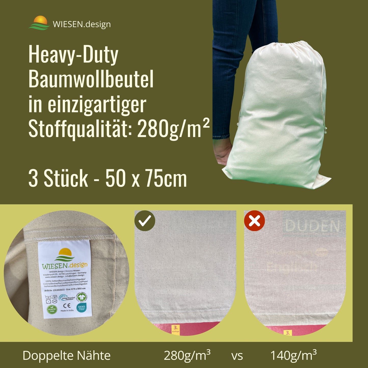 Wäschebeutel - 280 g/m² OEKO-TEX® zertifizierte Heavy-Duty Baumwolle, 50x75 cm - 3 St. Wäschesack Reise, Wäschesack Baumwolle, Wäschetasche
