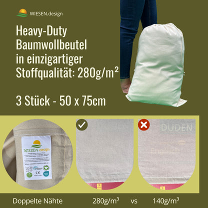 Wäschebeutel - 280 g/m² OEKO-TEX® zertifizierte Heavy-Duty Baumwolle, 50x75 cm - 3 St. Wäschesack Reise, Wäschesack Baumwolle, Wäschetasche