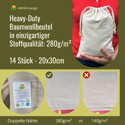 Beutel - 280 g/m² OEKO-TEX® zertifizierte Heavy-Duty Baumwolle, 20x30 cm - 14 St. Stoffbeutel mit Kordelzug, Plotter Rohlige, Geschenksäckchen