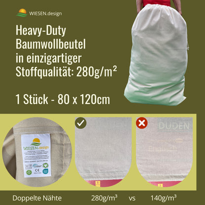 Wäschesäcke - 280 g/m² OEKO-TEX® zertifizierte Heavy-Duty Baumwolle, 80x120 cm - 1. St. Stoffsack groß, Stoffsackerl, Wäschesammler groß