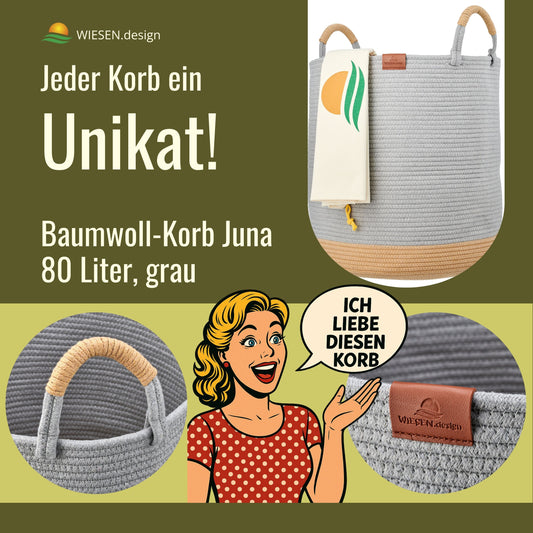 Cesto portabiancheria JUNA Ø46xH48 cm Grigio/80L in 100% cotone - Fatto a mano e facile da pulire