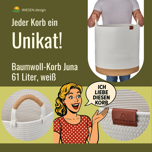 Cesto portabiancheria JUNA Ø41xH46 cm Bianco/61L in 100% cotone - Fatto a mano e facile da pulire