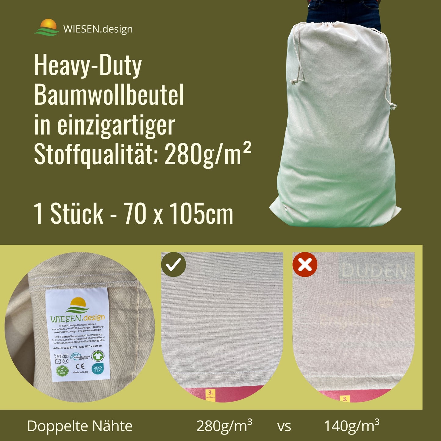 Aufbewahrungsbeutel - 280 g/m² OEKO-TEX® zertifizierte Heavy-Duty Baumwolle, 70x105 cm - 1 St. Wäschebeutel Schmutzwäsche, Wäschesack Reisen
