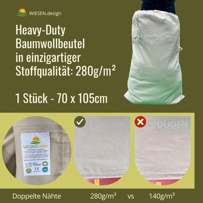 Aufbewahrungsbeutel - 280 g/m² OEKO-TEX® zertifizierte Heavy-Duty Baumwolle, 70x105 cm - 1 St. Wäschebeutel Schmutzwäsche, Wäschesack Reisen