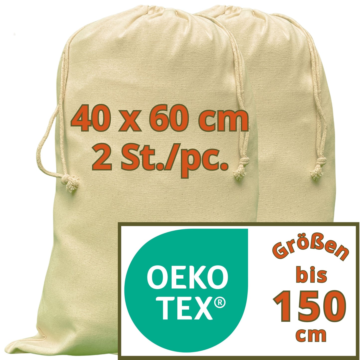 Borsa di cotone - cotone resistente da 280 g/m² certificato OEKO-TEX®, 40x60 cm - 2 pz. Sacchetto regalo in tessuto, borsa con coulisse, sacchetto per imballaggio