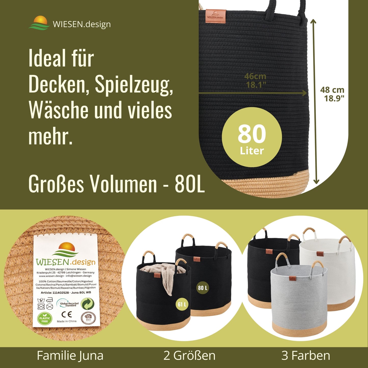 Wäschekorb JUNA Ø46xH48 cm Schwarz/80L aus 100% Baumwolle - Handgemacht und Pflegeleicht