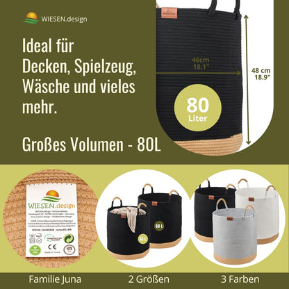 Wäschekorb JUNA Ø46xH48 cm Schwarz/80L aus 100% Baumwolle - Handgemacht und Pflegeleicht
