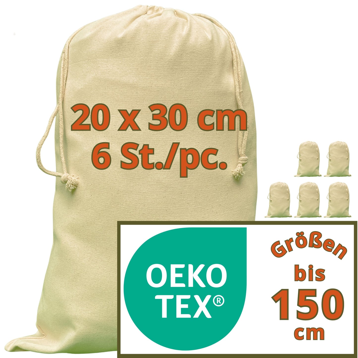 Bustine in tessuto - cotone Heavy-Duty da 280 g/m² certificato OEKO-TEX®, 20x30 cm - 6 pz. Sacchetti in tessuto piccoli, borse regalo, grezzi per la stampa